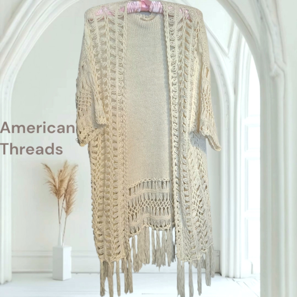 American Threads Cream Crochet Cardigan with Fringe Coastal Grandma Cottagecore
